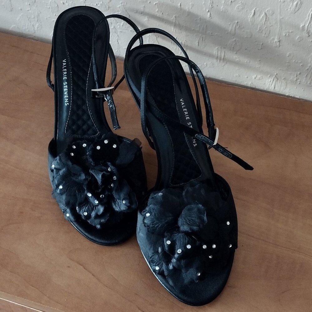 Valerie Stevens Black Satin with Rhinestone Sandals